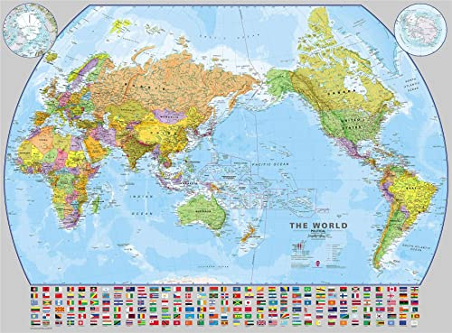 Huge World Pacific-centred Wall Map with flags (Laminated)