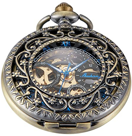 Tiong Hollow Skeleton Hand Wind Carved Fob Pocket Watches Pendant Chain for Men,Antique Steampunk Mechanical Pocket Watch Necklace for Men