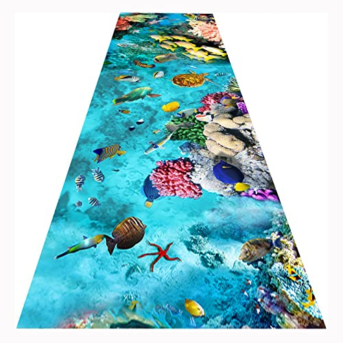 Siunwdiy 3D Teppich optische täuschung Flur Läufer Teppich, rutschfest Schallschutz Türmatte mit 0,6 MM Dickem, Fußboden Matte für Korridorhalle Küche Eingang Treppe, Cuttable,Blau,110x340cm