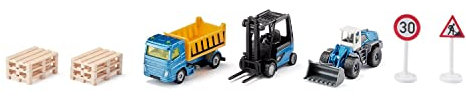 siku 6336, Coffret Cadeau Chantier, inclus Camion, Chariot élévateur, Chargeuse sur Roues, 6 Palettes, 2 Panneaux de Signalisation, Métal/plastique, Jaune/Bleu, Pièces mobiles