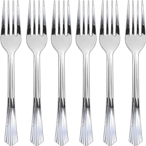 Elegantes tenedores de plástico plateados (paquete de 20) – Tenedores de ensalada desechables y vajilla de alta calidad, cubiertos de alta calidad para uso diario, vajilla de fiesta y más