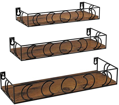 EYMPEU Juego de 3 Estantería de Madera y Metal Marrón, Baldas Flotantes Con Diseño de Luna, Estante Flotante Para Almacenamiento y Organización en La Cocina, Baño, Oficina, Salón