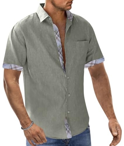 Onsoyours Chemise Homme à Carreaux Manche Courte Coton Lin avec Poche Poitrine Chemise Décontractée Classique Chemisette Homme Lin Chemise Bouton Homme Blouse