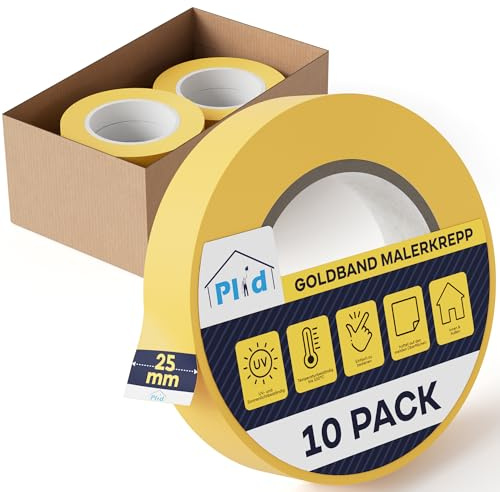 Plid® Goldband Malerkrepp [Wasserabweisend] - Malerklebeband Nassfest - Innen & Außen - Abklebeband Maler, verhindert Unterlaufen von Farben - Painters Tape - Klebeband Maler (25mm, 10 Rollen x 50m)