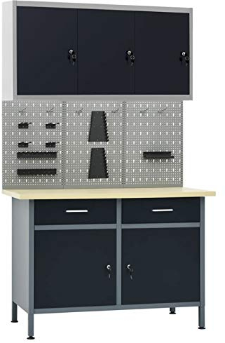 Werkbank mit 3 Werkzeugwänden und 1 Wandschrank, CIADAZ Werktisch, Arbeitstisch, Schweißtisch, Maschinenuntergestell,