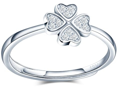 MICMIF Ring Zirkonia Kleeblatt Silber 925 für Damen Frauen Mädchen Verstellbare Ring Damen 925 Sterling Silber Vierblättriges Kleeblatt Bandring Stapelring Schmuck Geschenk für Frau Freundin Mutter
