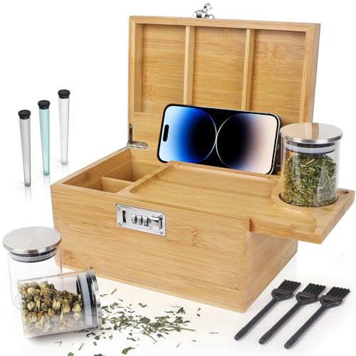TISEMENT Large Bamboo Box with Combination Lock, Decorative Storage Box with Detachable Compartment, Wooden Boxes with Alright Jars & Brushes as Great Gift Choice.