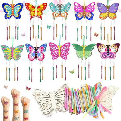 Nourdom 10tlg Schmetterling Windspiel Bastelset Kinder Holz Schmetterling Klangspiele Set kindergeburtstag Klangspiele Holzbastelsets Deko Garten Kreative für Jungen Mädchen