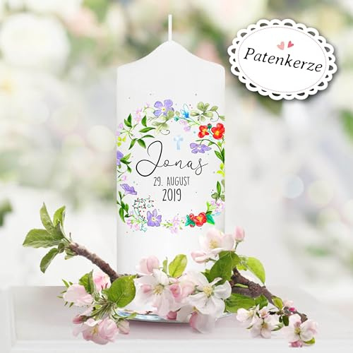 Wandtattoo Loft Taufkerze Kerze zur Taufe oder Kommunion Blumenkranz Kreuz Taufspruch mit Wunschname & Datum, Patenkerze 18 x 7 cm