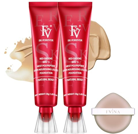 FV 2 PCS Wasserfester und Langanhaltend Foundation, Ölkontrollierende Foundation Makeup mit Mattem Finish und Mittlerer Deckkraft für Fettige/Normale Haut, 30g, Beige
