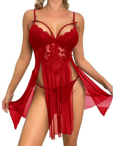 MIZSPISE Camicia da Notte in Pizzo da Donna Lingerie Sexy Trasparente Babydoll con Spacco Scollo a V Senza Maniche Abito da Notte Lingerie Intimo Negligee Outfit 3 Colori (Vino Rosso, Taglia Unica)