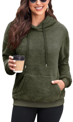 Neineiwu Damen Pullover Teddy Hoodie Fleece Sweatshirt Loose,olivgrün,M