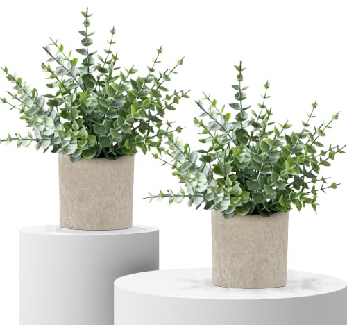 MIXROSE 2 Pack Fake Plants Eucalyptus Small Potted Artificial Plants Indoor Greenery for Shelf Desk Home Bathroom Modern Farmhouse Living Room Coffee Table Decor