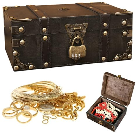 Mineup Coffre Au Trésor En Bois Vintage, Petit Coffre Au Trésor Vintage Pirate Avec Cadenas, Vintag Coffr Au TréSor De Pirate, Bois Coffr Au TréSor En Boi Pour Ranger Décorer (24x17x10cm)