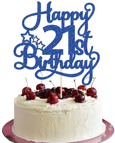1 Pack Happy 21st Birthday Cake Topper - Blue Glitter '21 & Fabulous' - Cheers to 21 Years Old Cake Pick for Celebrating Anniversary Party Decorations Supplies