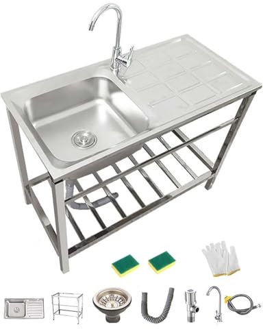Edelstahl Spülbecken Outdoor Mobile Spüle Freistehende Spülbecken Küche Waschbecken Mit Wasserhahn & Schwammbürste Gewerbliche Spüle 75 × 40 × 75 Cm Für Garage Waschküche Campingküche