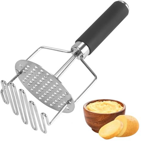 VirtuGro Machacador de Patatas Aplastador de Patatas Triturador de Patatas Redondo Prensa Doble Patatas de Acero Inoxidable Potato Masher Con Mango Negro