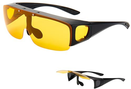 Night Driving Over Prescription Glasses – Polarized Anti Abbagliamento, Protezione UV, Perfetti per Portatori di Occhiali da Vista, Lenti Gialle Reversibili, Design Ergonomico