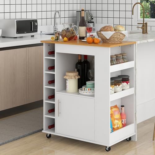 GIANTEX Carrello da Cucina Mobile in Legno Bianco su Rotelle | Isola da Cucina con Piano di Lavoro, Scaffale per Vino, Porta Asciugamani e Portaspezie
