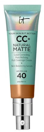 IT Cosmetics Your Skin But Better CC+ Cream Natural Matte LSF 40, 32 ml, Glanz reduzierende, farbkorrigierende und pflegende Foundation mit LSF 40, Getönte Gesichtscreme, Farbton Rich Honey