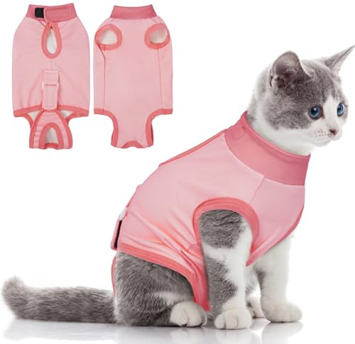 Hjumarayan Katzenbody nach Op, Verstellbarer Rückenlänge Body Katze nach Op, Atmungsaktiver Katzen OP Body Kastration, Katzenanzug Gegen Lecken von Kastrations, Unterleibswunden, Rosa M