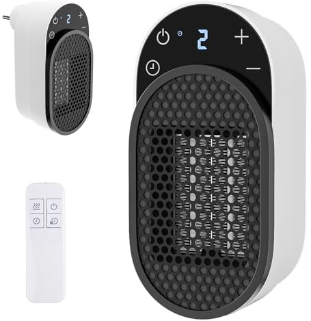 Calentador de Enchufe, 500W Calefactor Portátil con Termostato, con Mando a Distancia, Protección contra sobrecalentamiento, Pantalla LED, temperatura ajustable, Para baño y dormitorio (Blanco)