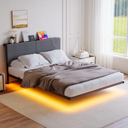 HOMERECOMMEND Bett 120 x 200 cm Doppelbett mit LED-Beleuchtung,Dunkelgrau | Schwebender visueller Effekt,mit Ladestation,Doppelbettgestell 120 x 200 cm mit Stauraum Kopfteil & Lattenrost,hohem Kopfteil