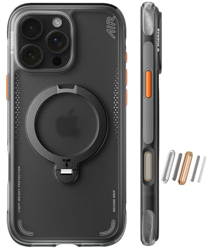 TORRAS Ostand Q3 Air - Custodia per iPhone 16 Pro, con vero airbag, doppia protezione (supporto magnetico robusto a 360°), opaca, con pulsante di controllo della fotocamera, colore: Nero