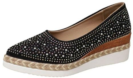 Ballerina Shoes Women's Comfortable Flat Ballet Flats Women's Shoes with Pointed Toe Slip-On Shoes Fashion Casual Shoes with Rhinestones and Thick Sole Wedge Heel Ballerina Women Black, black, 5 UK
