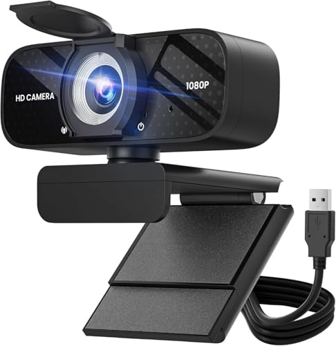 TRAUSI 1080P HD Webcam with Microphone, Noise Cancellation, Privacy Cover, Wide-Angle Lens, Auto Light Correction, Plug & Play USB Webcam for Laptop, Desktop, PC, Mac, Zoom, Skype, Streaming Black
