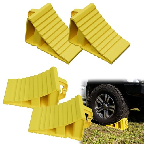 LZQ Små Stoppklossar för Bil med Handtag, PP Plast Hjulstopp Bromskeilar Bilsläp Husbil, Hjulförläggare Anti-Halkning Hjulkloss Broms Stöd Wheel Chocks - Gul, 4-pack