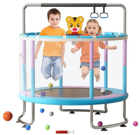 150 cm Kindertrampolin Indoor mit Netz, 5-in-1 Trampolin Kinder mit Schaukel, Basketballkorb, Turnringe & Reckstange, Bällebad, Minitrampolin für Zuhause, rutschfest & Kippsicher, bis 200kg (Blau)