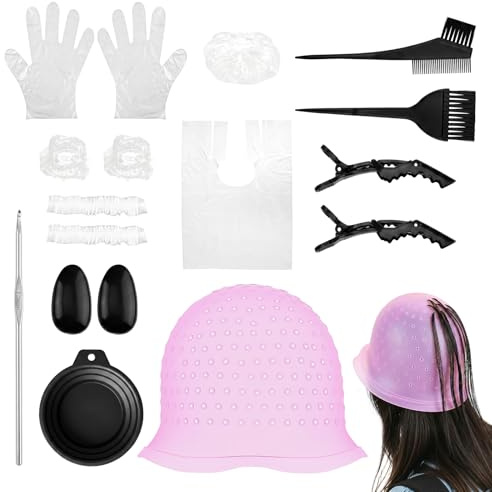 FICOFISE 12 Piezas Gorro Mechas con Agujeros, Gorro para Mechas de Silicona con Pincel y Aguja, Gorro de Tinte Profesional para el Cabello, para Mujeres y Niñas en Salón, Púrpura
