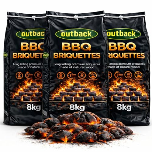OUTBACK Briquettes 24kg Premium BBQ Charcoal Briquettes, Hotter Longer Burning Constant High Temperature Barbecue Charcoal Coal Perfect for Outdoor Grills (3x 8kg Bag)