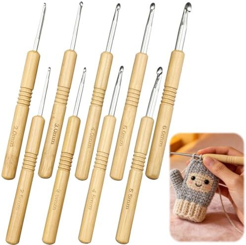 Häkelnadeln Für Häkeln Stricken Ergonomisch Holzgriff Naturholzfarbe 9PCS | häkelnadeln häkelnadel set aus holz mit maschenmarkierern glatt aluminium hakenkopf mit antirutsch-griff Zum Weben geeignet