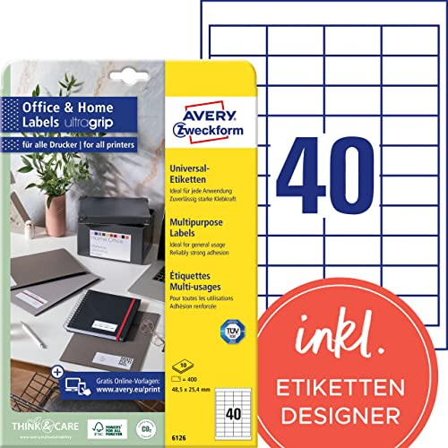 AVERY Zweckform 6126 Adressaufkleber (400 Klebeetiketten, 48,5x25,4 mm auf A4, bedruckbare Universaletiketten, selbstklebende Adressetiketten mit ultragrip, ideal fürs HomeOffice) 10 Blatt, weiß