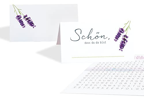 15 Platzkarten Tischkarten Hochzeit LAVENDEL WEISS mit Spiel innenseitig, Tischkärtchen zum beschriften, Namenskarten, lila, Jubiläum Geburtstag Familienfest