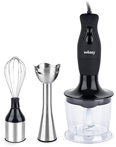 WINKEL BX6 Batidora de Mano con Accesorios, Potencia 200 W, 2 velocidades, Campana y Cuchillas de Acero Inoxidable, Mango Silicona, Negro