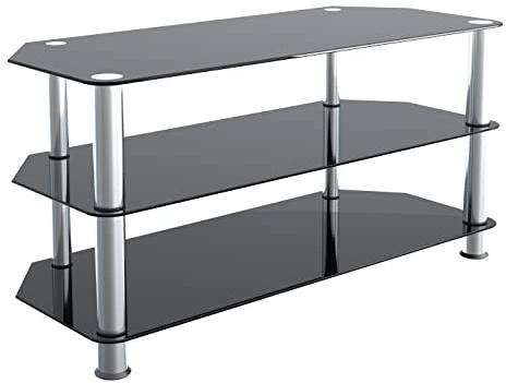 AVF Glass Corner TV Stand, 100cm, up to 50 Inch, Chrome Legs | black glass shelves for TV storage; chrome legs for living room setup; corner design for space saving