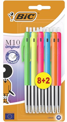 BIC M10 Pastel Stylos-Bille à Pointe Moyenne (1,00 mm) Bleu - 5 Corps Pastel Assortis, Édition Spéciale, Pack de 8+2