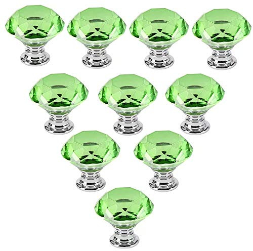 10 PCS Green 40MM Flat Round Crystal Glass Cabinet Door Knobs Cupboard Drawer Cabinet Furniture Kitchen Wardrobe Dresser Diamond Cut Pull Handle