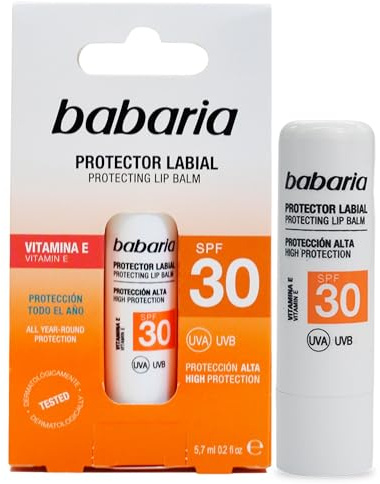 babaria Aloe Vera Sonnen-Lippenbalsam SPF 30 5,7 ml | Lippenbalsam mit UV-Schutz und Aloe Vera. Pflegt rissige Lippen, kompaktes Stift-Format, 4,8 g.