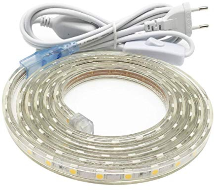 230V LED Streifen, Hell 2M Led Strip, IP65 Wasserdicht LED Lichtleiste, 60 LEDs/m Led Leiste mit Schalter Selbstklebend Lichtband Beleuchtung für Küche, Schrank,Regale, TV Beleuchtung, 6000K, Weiß