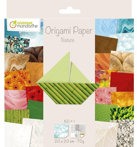 MY MANDARINE 52503MD - Packung Origami, 60 Blatt 20x20 cm 70g (30 Motiven x2) + Stickerbogen mit selbstklebenden Augen, ab 7 Jahren, Natur, 1 Pack
