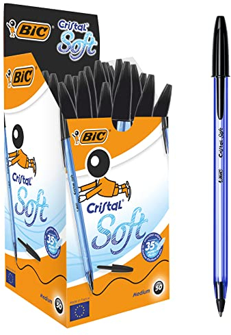 BIC Kugelschreiber Cristal Soft – 50 Kulis in Schwarz – Strichstärke 0,45 mm – Dokumentenecht