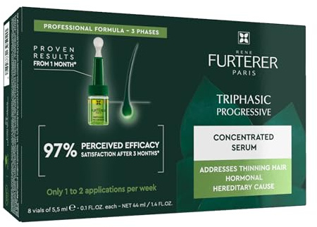 Rene Furterer Triphasic Progressive Concentrated Serum for Hereditary, Hormonal Thinning Hair - Drug-Free - Receding Hairline - Leave-In - Sulfate, Paraben, Silicone-Free - 8 ct., 30-Day Supply