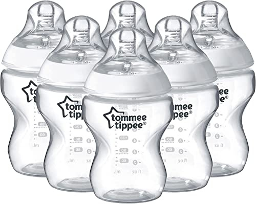 Tommee Tippee Closer to Nature Baby Bottles, Slow Flow Breast-Like Teat with Anti-Colic Valve, 260ml, Pack of 6, Clear