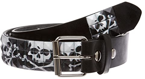 Snap On 1 1/2 Skull & Cross Bone Printed Punk Rock Studded Belt, Black | xl - 41