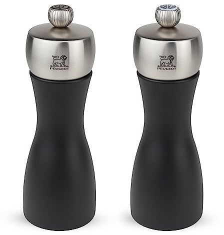 PEUGEOT - Mühlenset Fidji 15 cm Pfeffermühle und Salzmühle - Stahlmahlwerk - Klassische Mahlgradeinstellung - Aus Holz mit PEFC-Siegel - Schwarz lackiert
