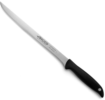 Arcos Coltello da Taglio/Jamonero con Lama in Acciaio Inossidabile Nitrum 240 mm – Manico Ergonomico in Poliossimetilene POM, Serie Menorca – Nero, Manico in Polipropilene Azzurro Chiaro